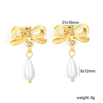 Bulk PVD Gold Sculpted Bowknot & Shell Pearl Drop Studs