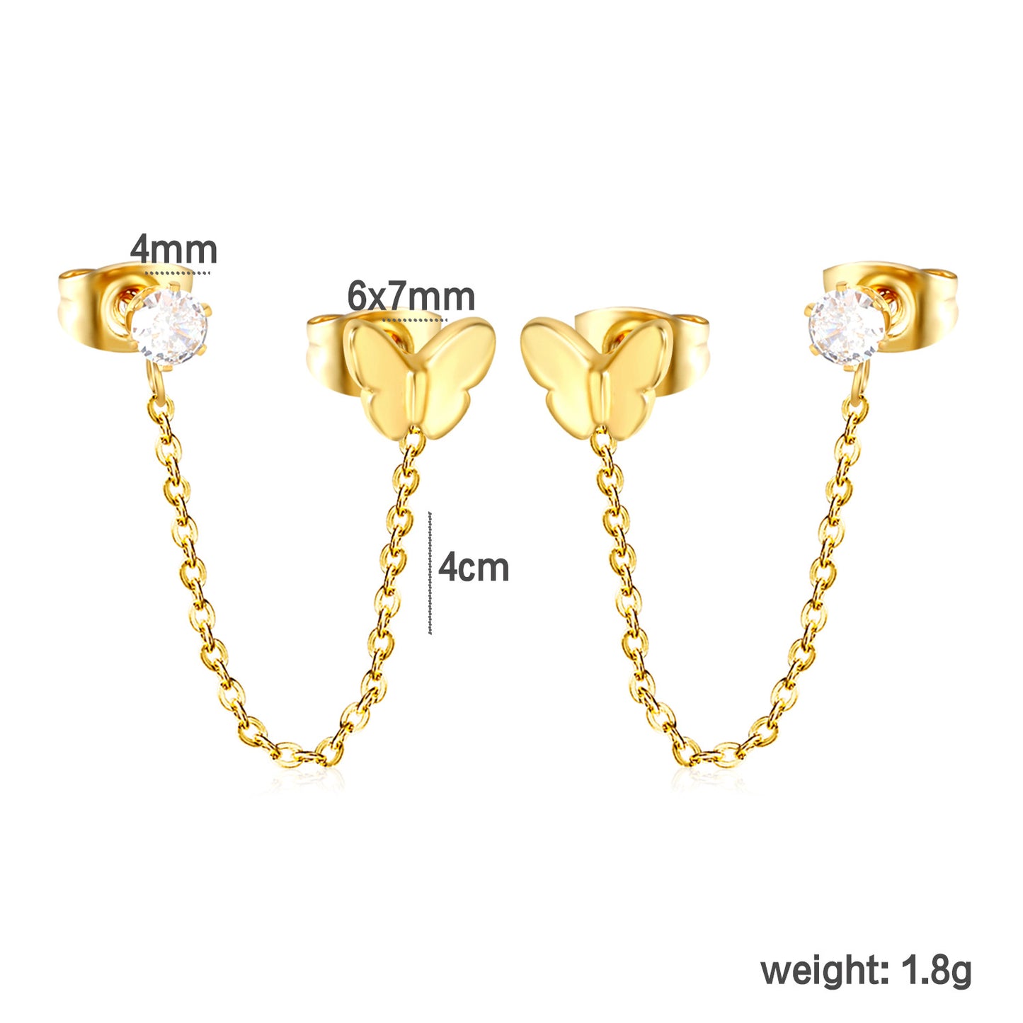 Sweet & Edgy Butterfly Double Piercing Chain Studs Stainless Steel Non-Tarnish