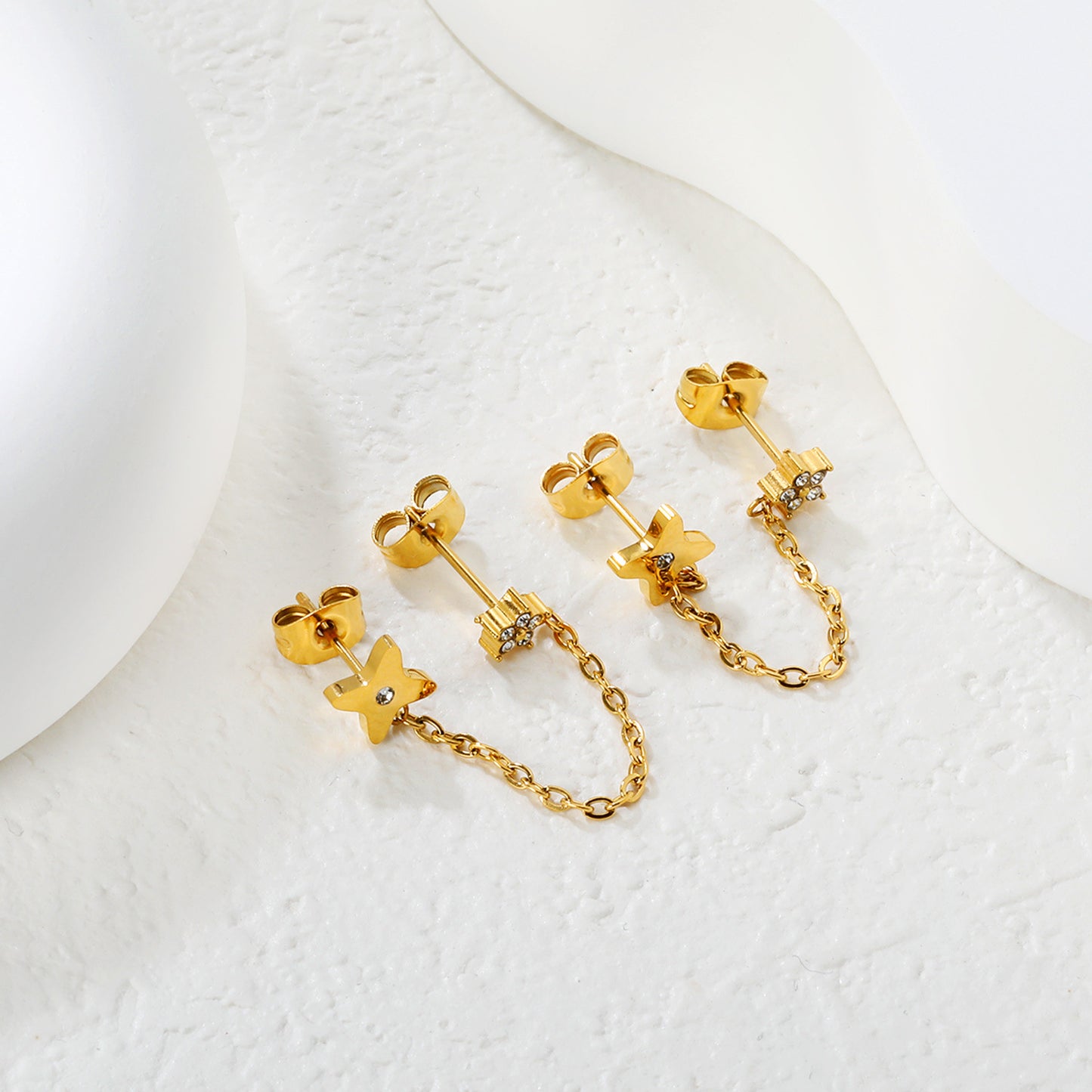 Bulk PVD Gold Pave CZ Star Long Chain Dangle Earrings Waterproof