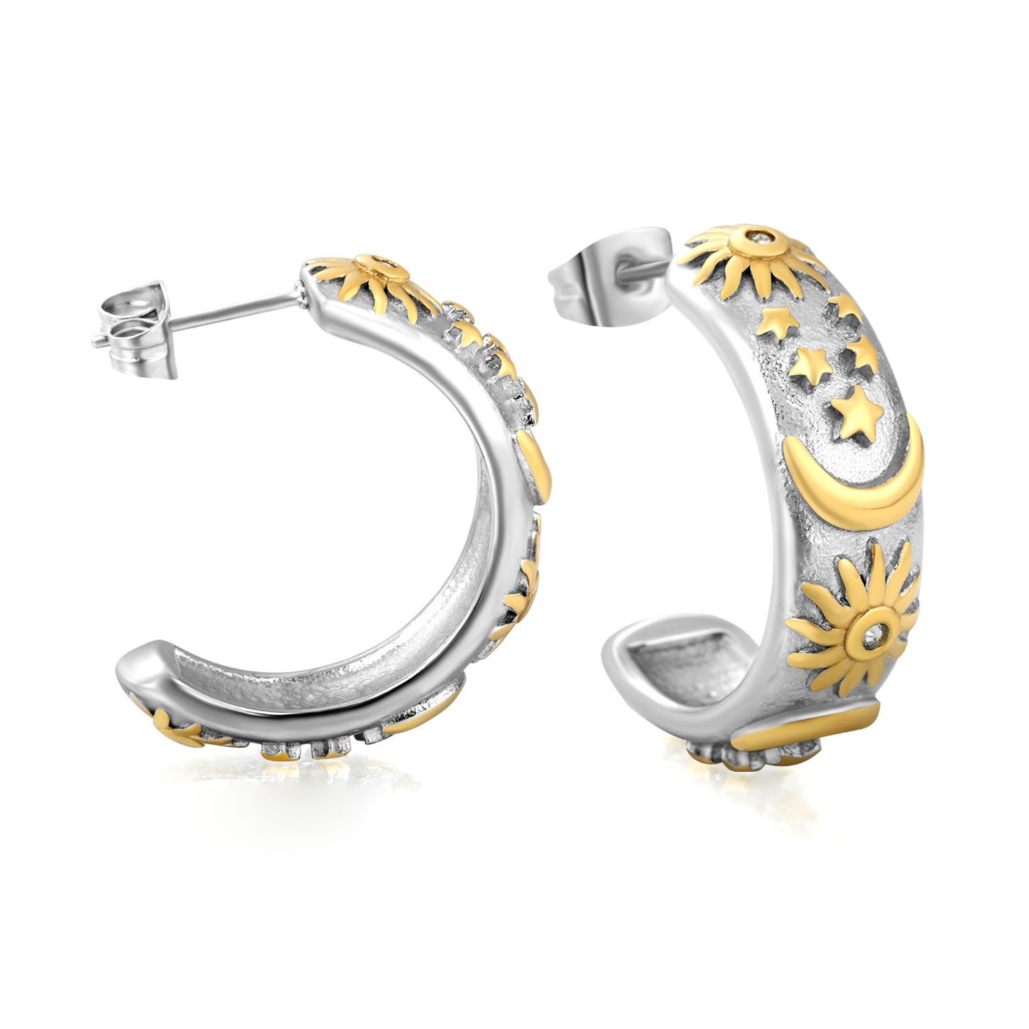 Bulk PVD Gold & Silver Sculpted Celestial Moon & Star C-Shape Earrings