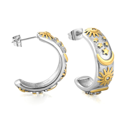 Bulk PVD Gold & Silver Sculpted Celestial Moon & Star C-Shape Earrings