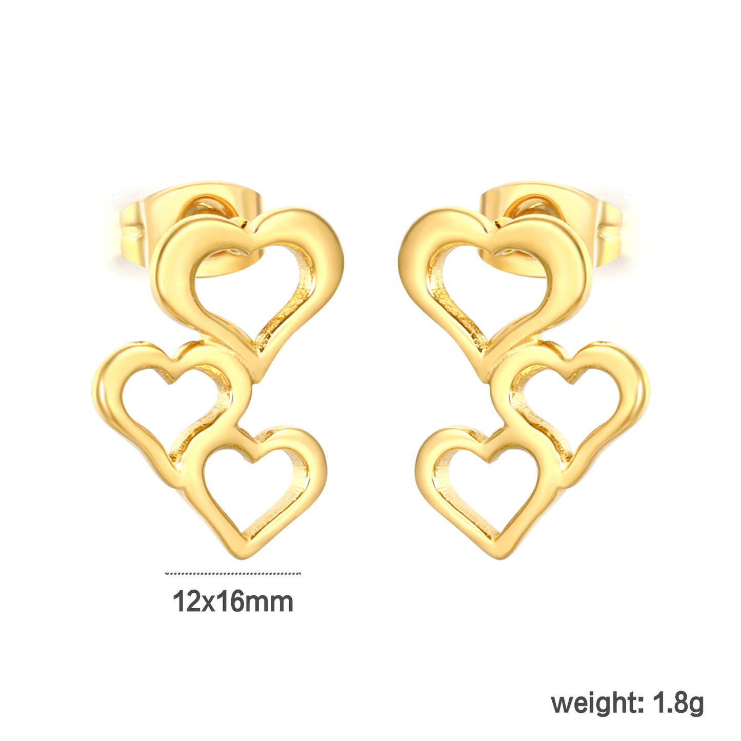 Tiny Triple Heart Stacked Studs Stainless Steel Waterproof