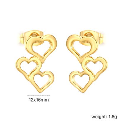 Tiny Triple Heart Stacked Studs Stainless Steel Waterproof