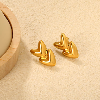 Wholesale Waterproof PVD Gold Double Layer Heart Stud Earrings