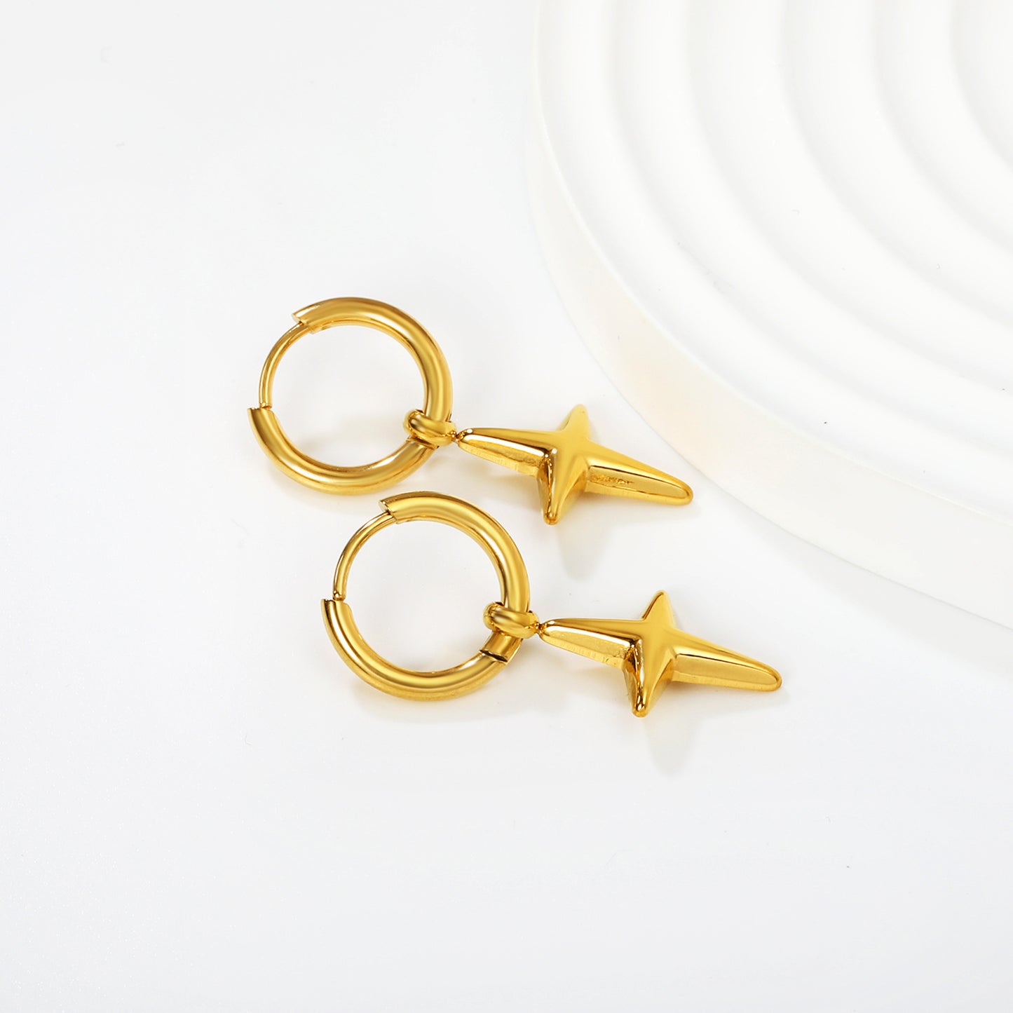 Wholesale Waterproof PVD Gold Sculpted Textured Star Charm Hoops