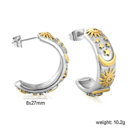 Bulk PVD Gold & Silver Sculpted Celestial Moon & Star C-Shape Earrings