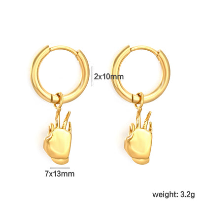 Bulk PVD Gold Sculpted Peace Sign Gesture Charm Hoop Earrings