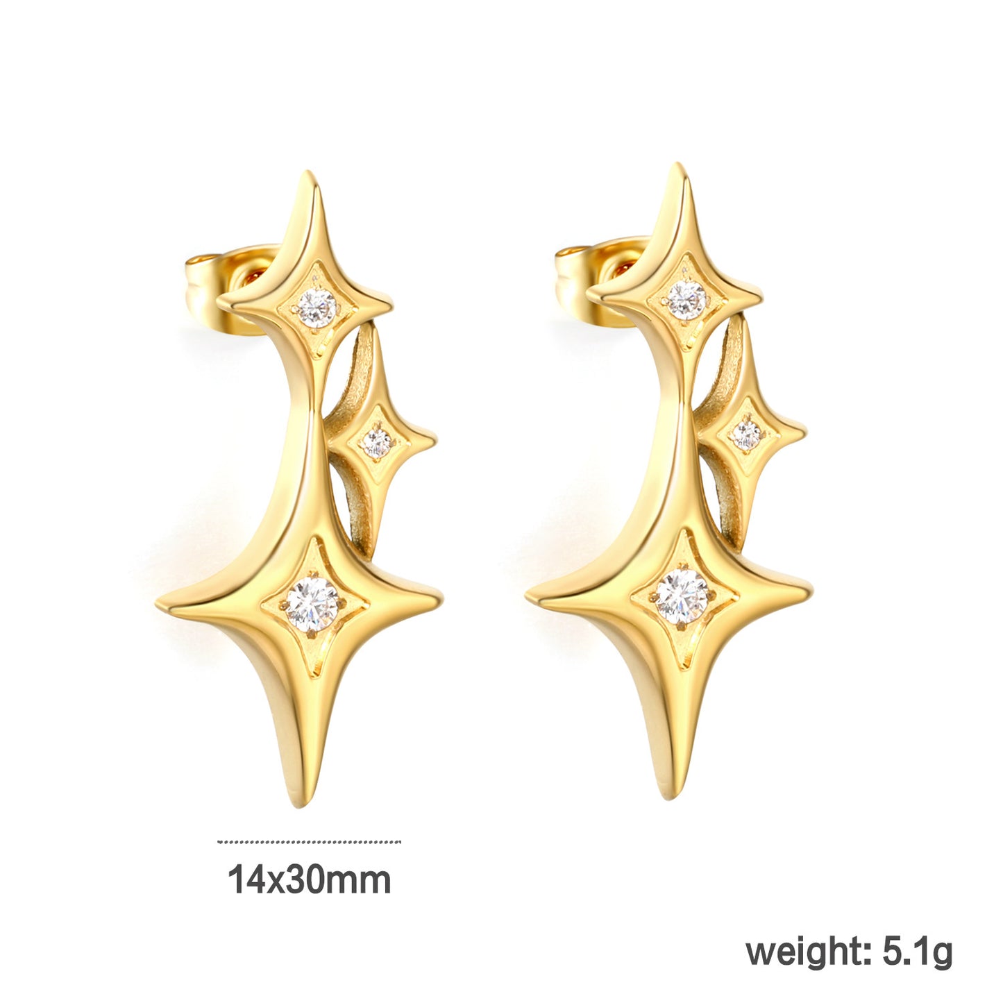 Celestial Star Motif CZ Stud Earrings Stainless Steel Waterproof