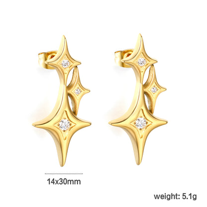 Celestial Star Motif CZ Stud Earrings Stainless Steel Waterproof