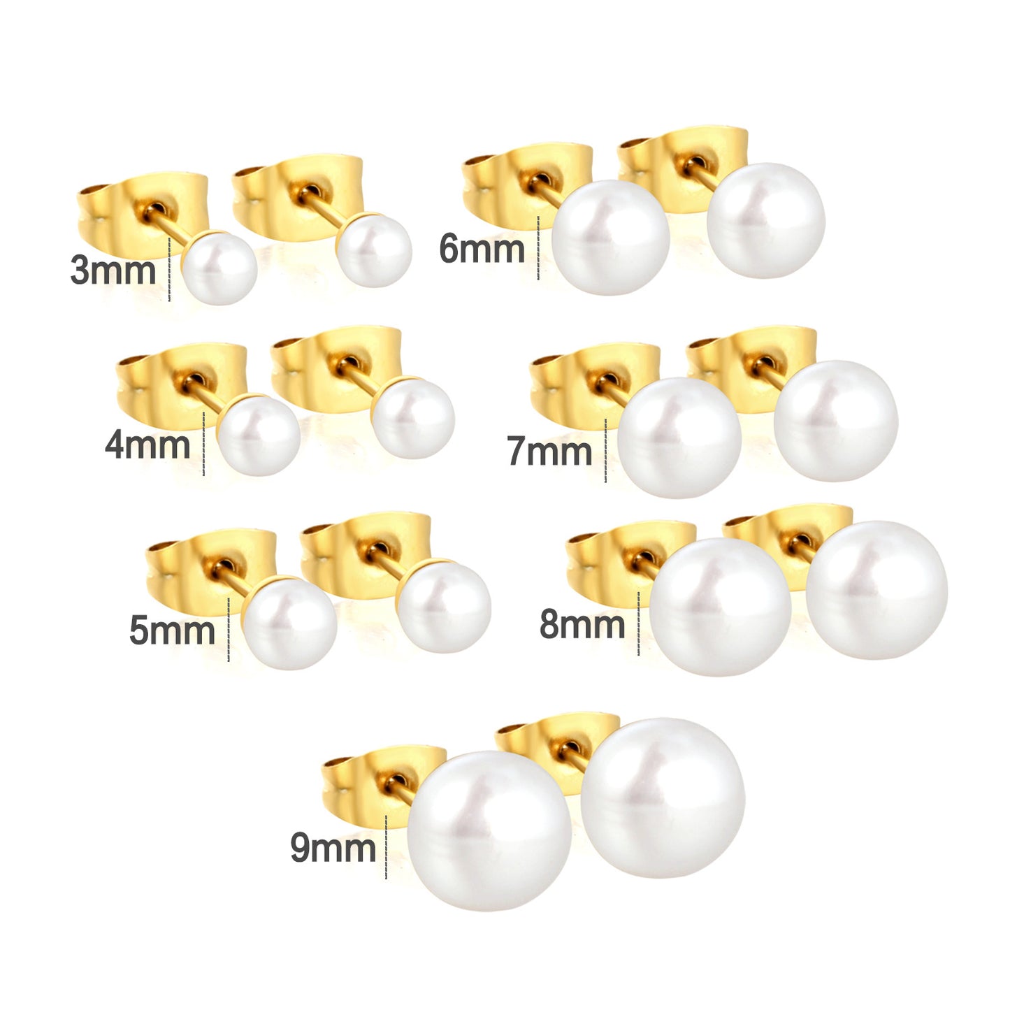 Wholesale Waterproof PVD Gold Square Link Pearl Drop Studs (3mm-9mm)