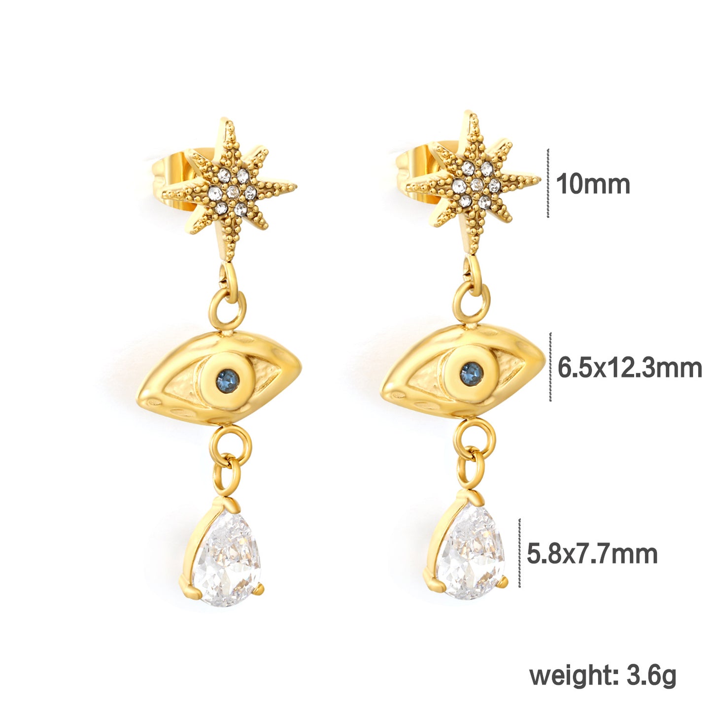 Bulk PVD Gold Sculpted Evil Eye, Starburst & Droplet Earrings
