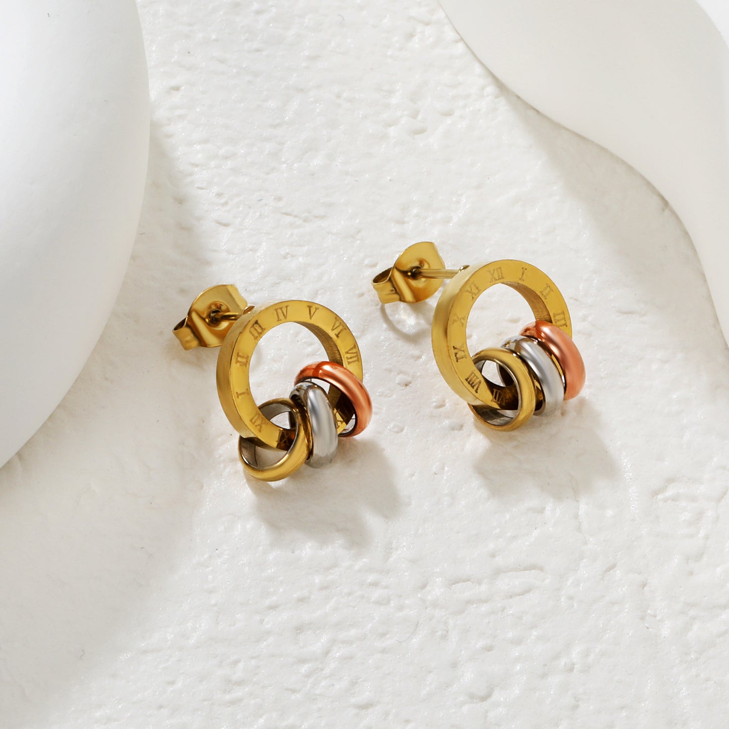 Bulk PVD Tri-Color Gold Silver Rose Gold Stacked Stud Earrings