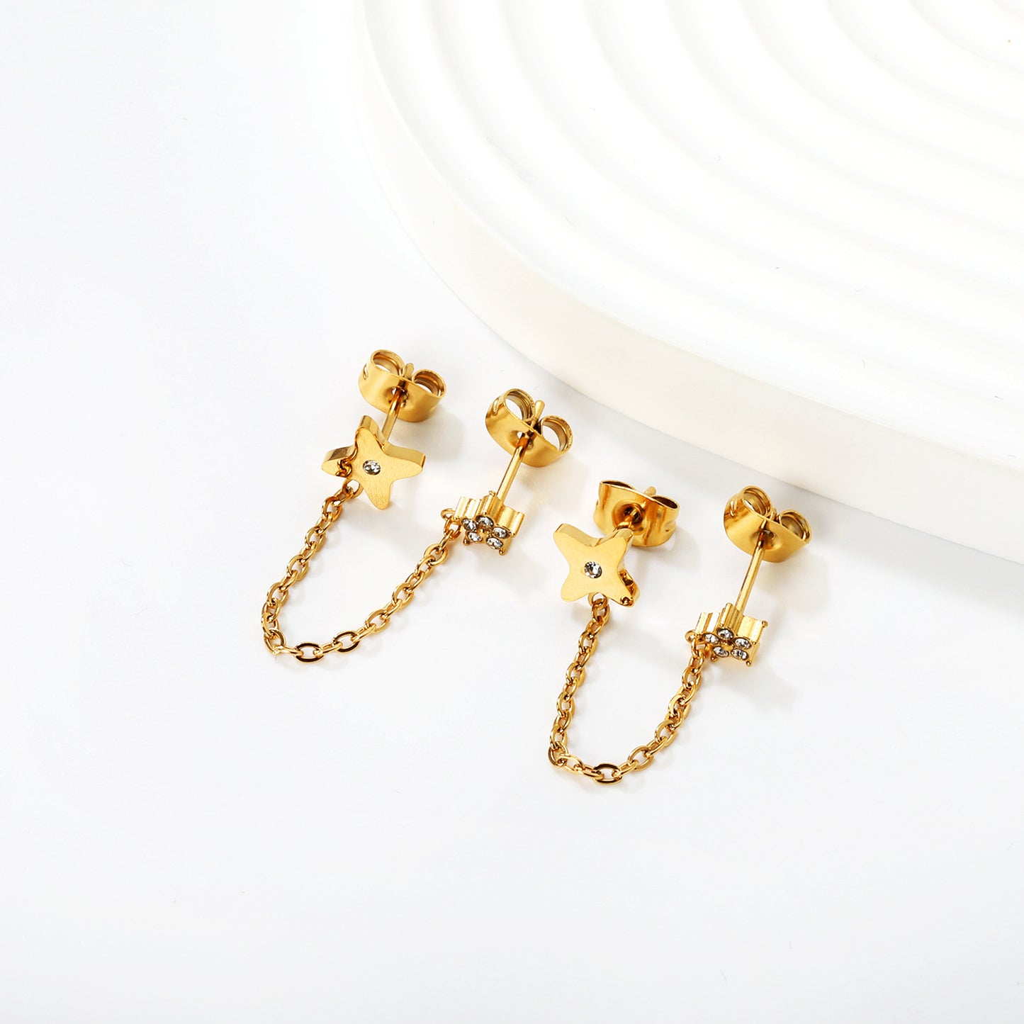 Bulk PVD Gold Pave CZ Star Long Chain Dangle Earrings Waterproof