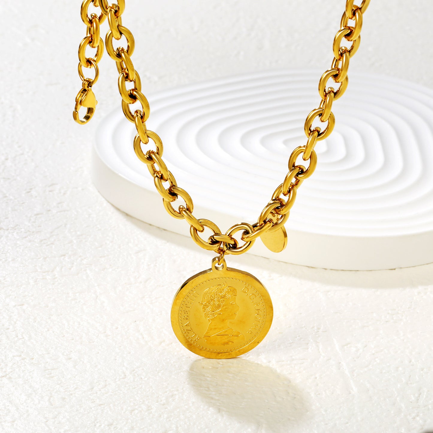 Bulk PVD Gold Embossed Coin Pendant Cuban Link Necklace