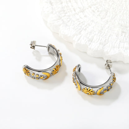 Bulk PVD Gold & Silver Sculpted Celestial Moon & Star C-Shape Earrings
