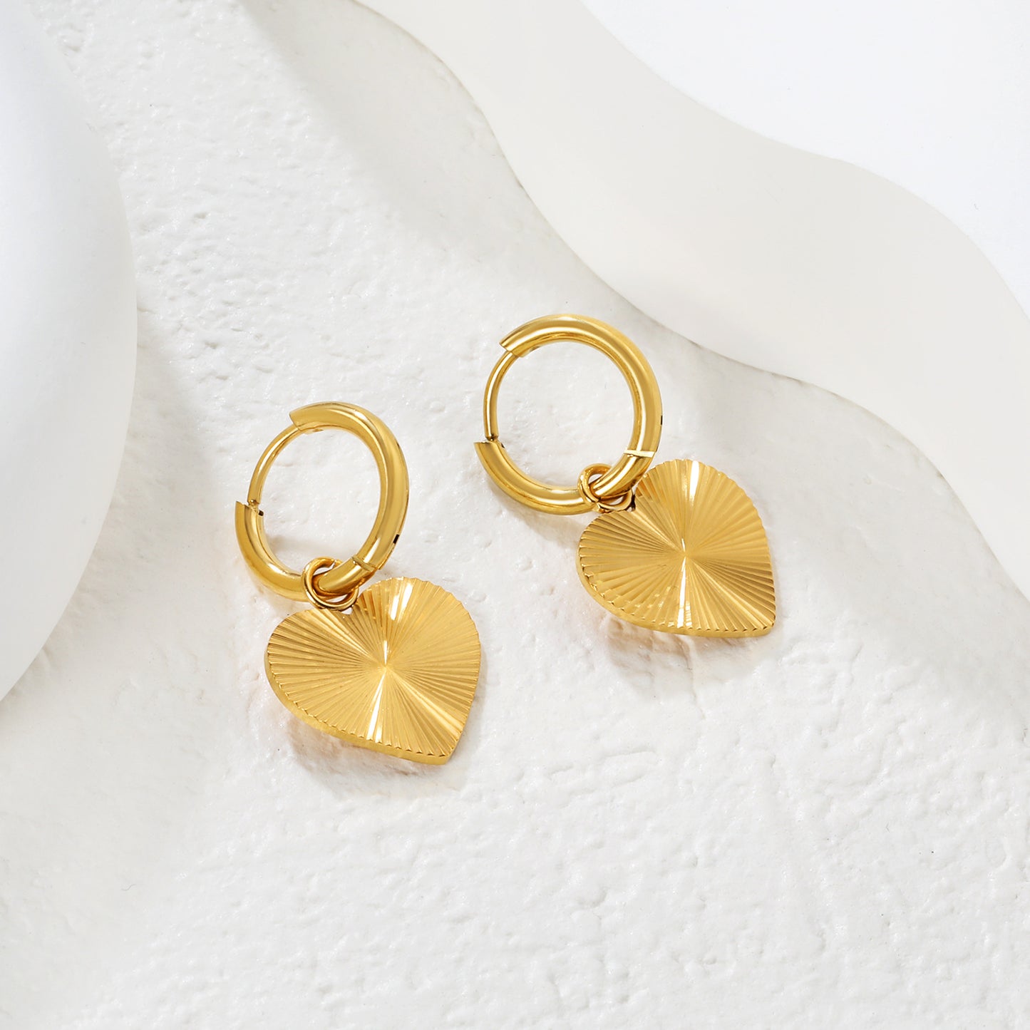 Bulk PVD Gold Sunburst Heart Radial Texture Charm Hoop Earrings
