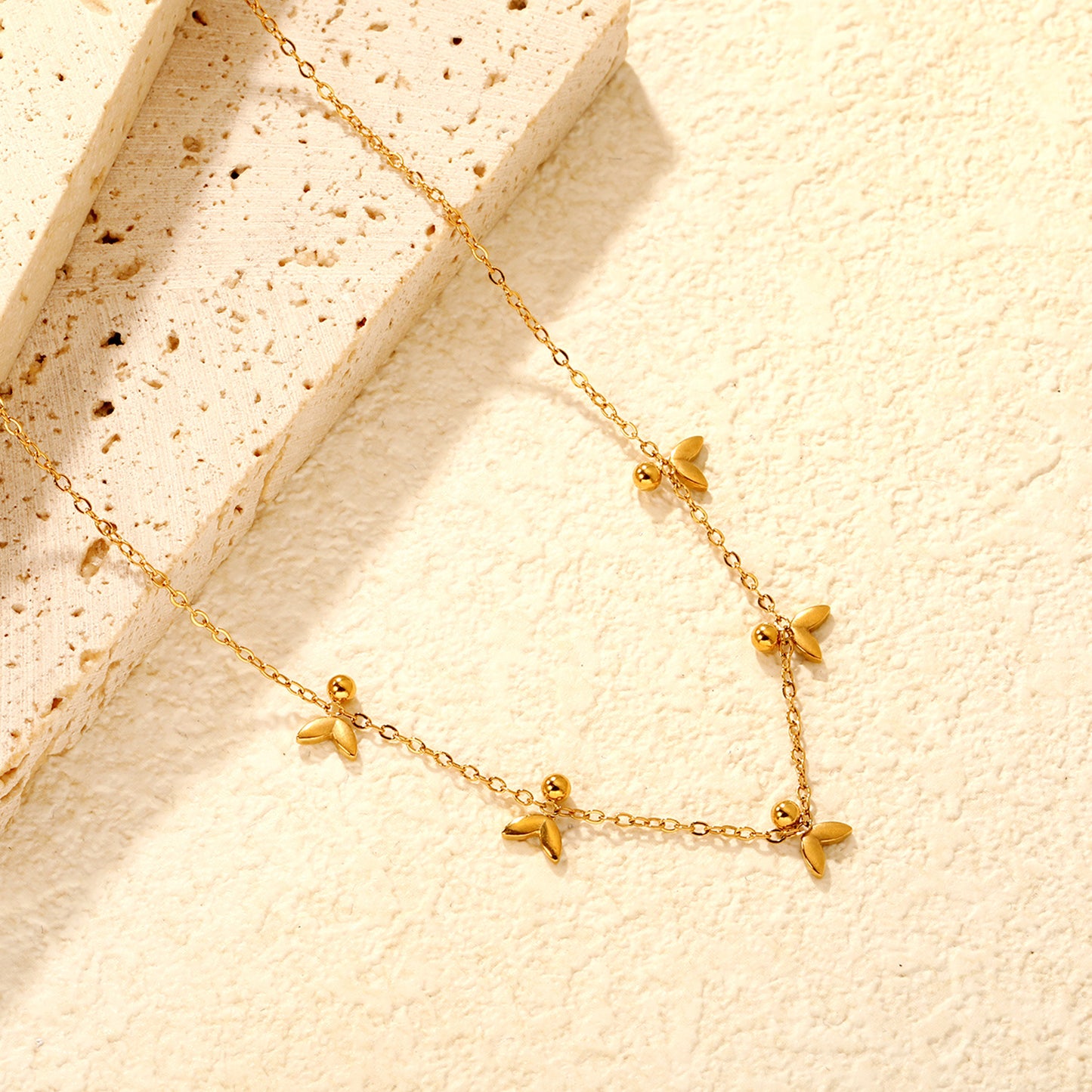 Wholesale Waterproof PVD Gold Sculpted Leaf & Bead Station Necklace