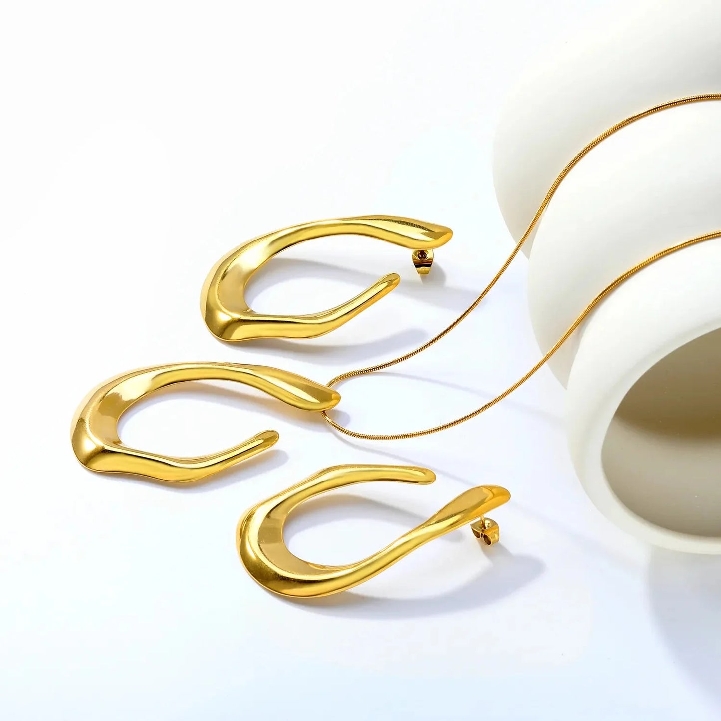 Minimalist Statement Jewelry Set 304L Steel Gold Irregular Teardrop Pendant & Earrings
