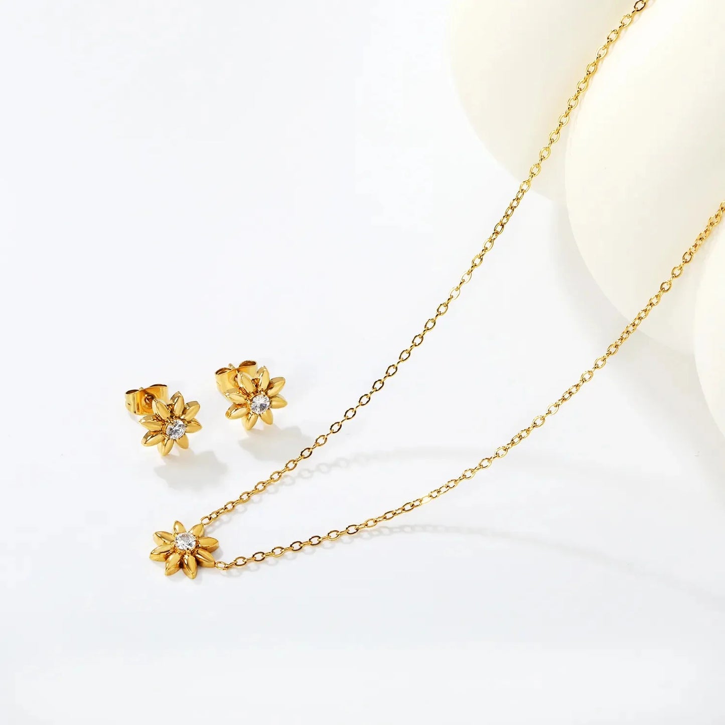 Everyday Gold Flower Jewelry Set 304L Steel CZ Pendant Necklace & Earrings