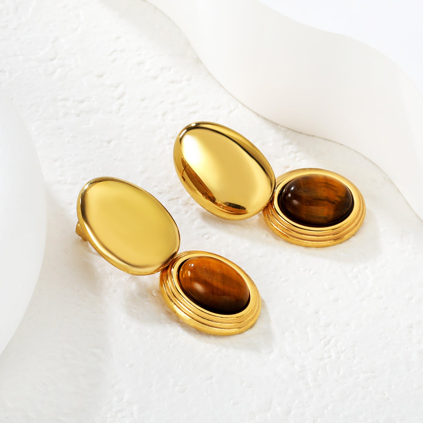 Wholesale Waterproof PVD Gold Double-Layer Tiger Eye Studs