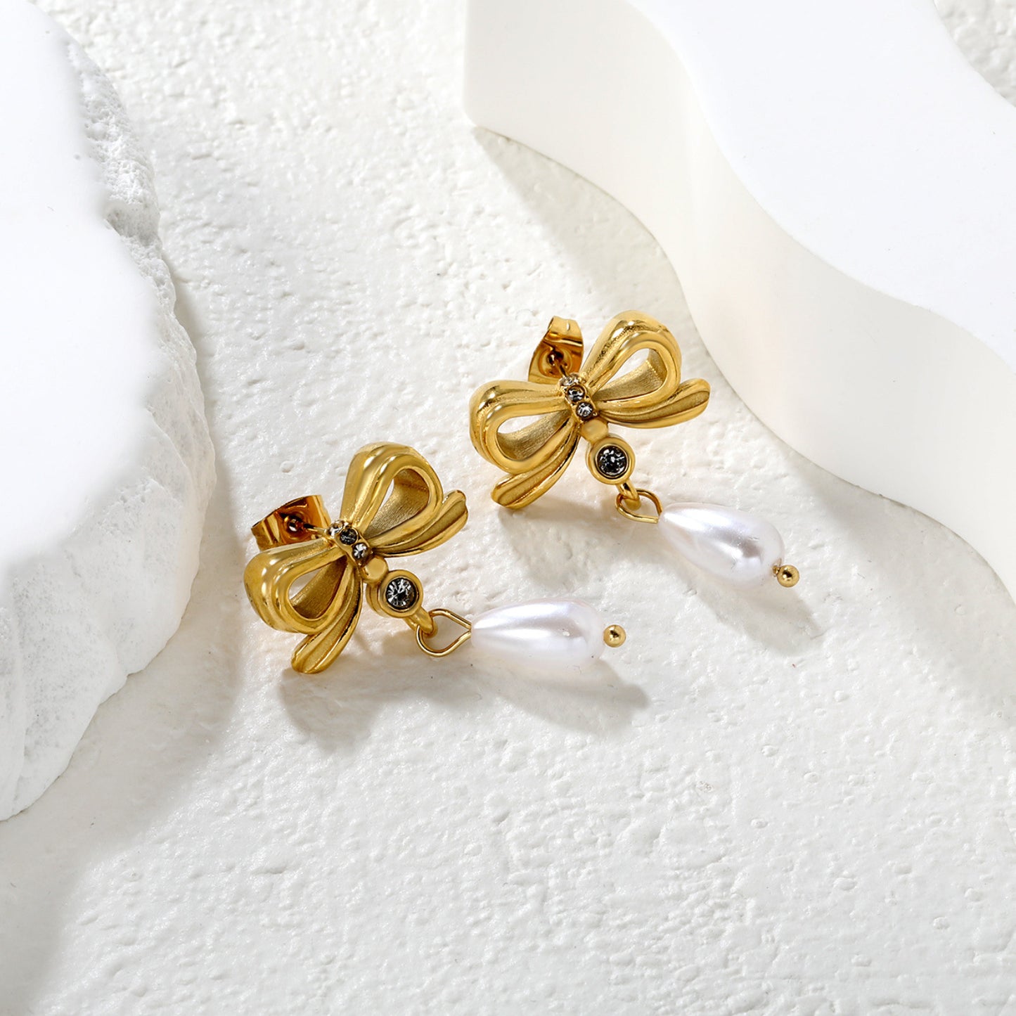 Bulk PVD Gold Sculpted Bowknot & Shell Pearl Drop Studs