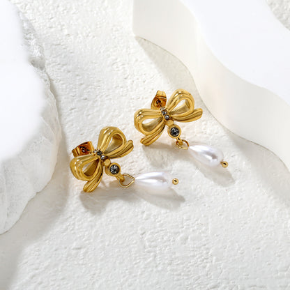 Bulk PVD Gold Sculpted Bowknot & Shell Pearl Drop Studs