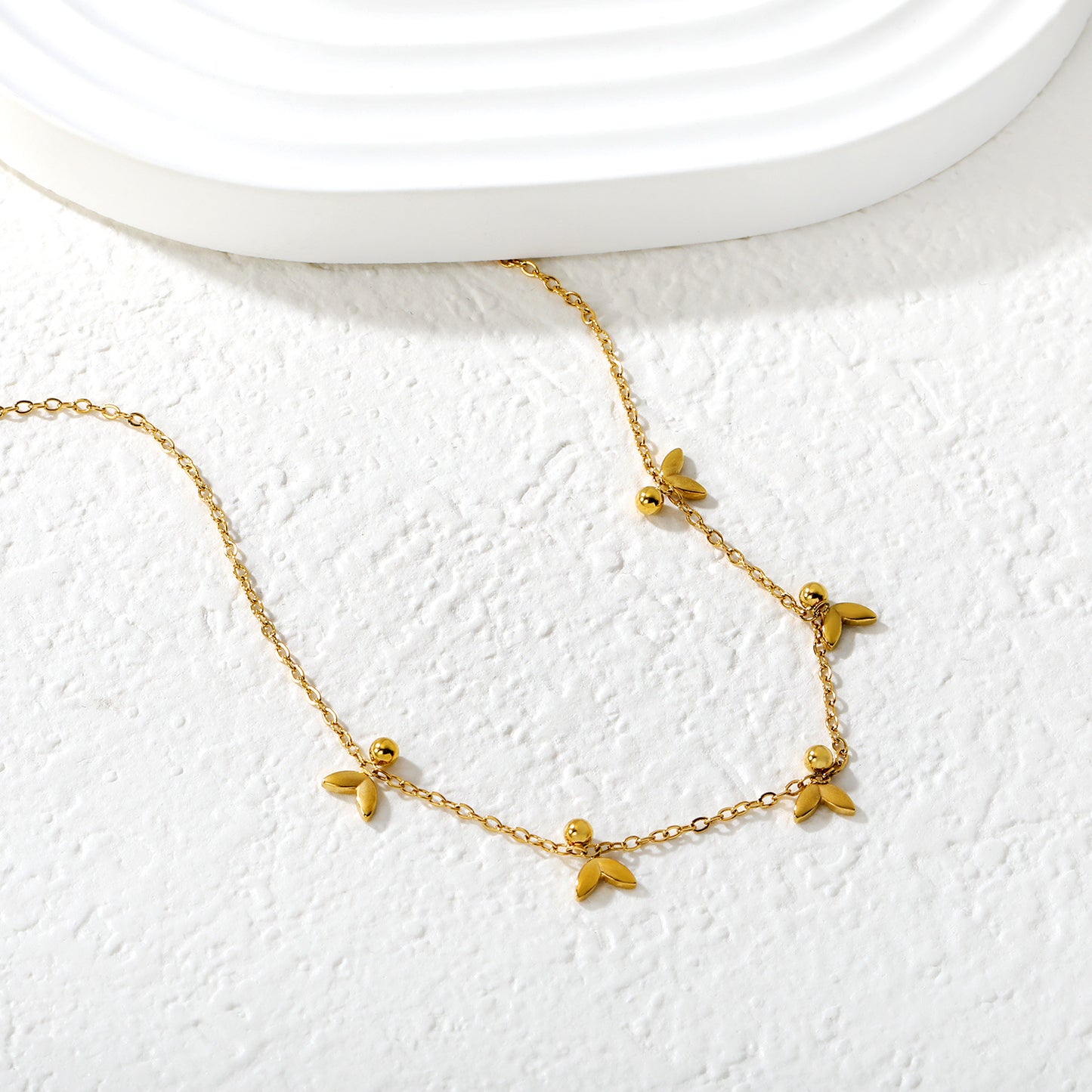 Wholesale Waterproof PVD Gold Sculpted Leaf & Bead Station Necklace