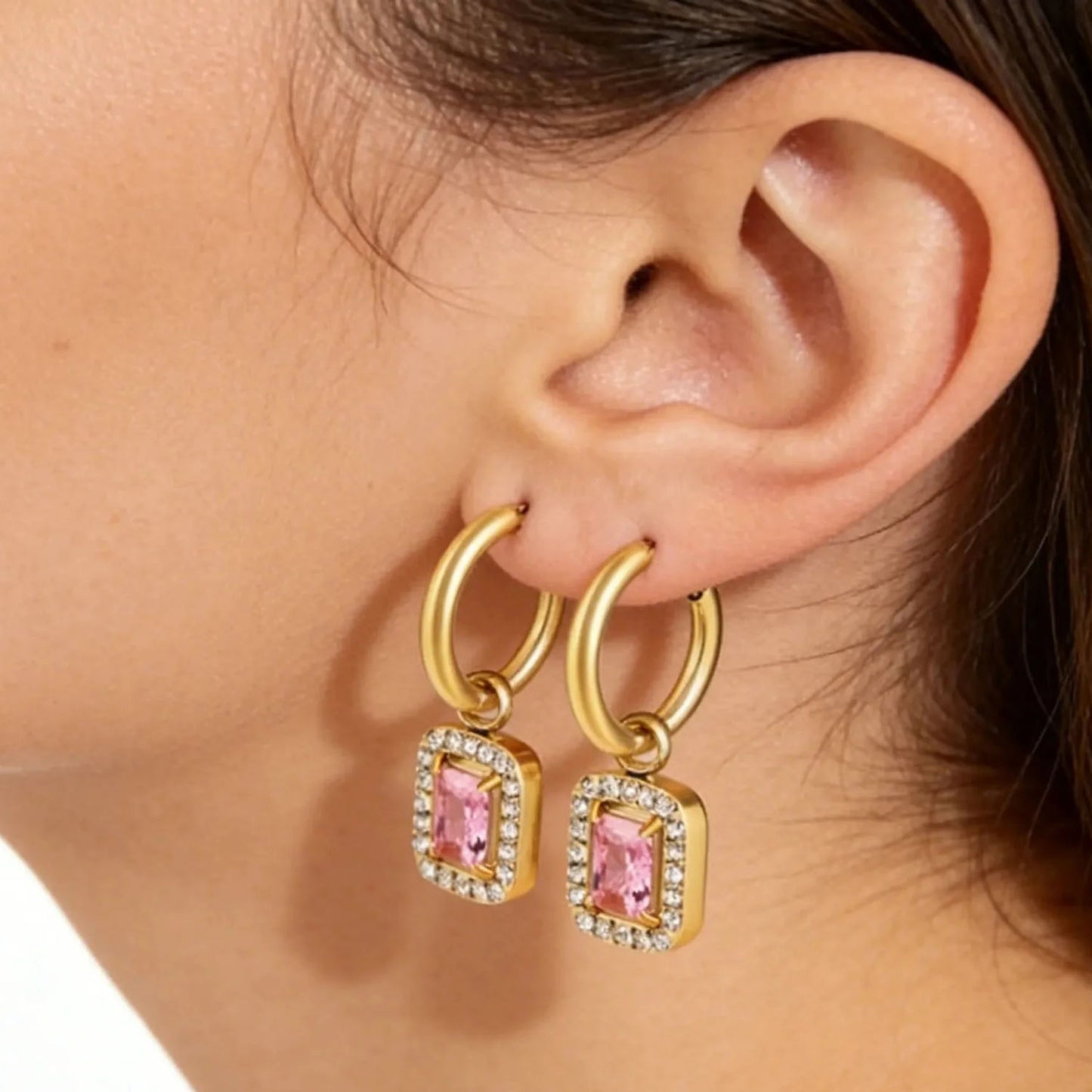 Tarnish-Free 304L Stainless Steel Earrings | Pink Square Halo Hoops