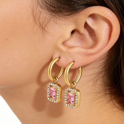 Tarnish-Free 304L Stainless Steel Earrings | Pink Square Halo Hoops
