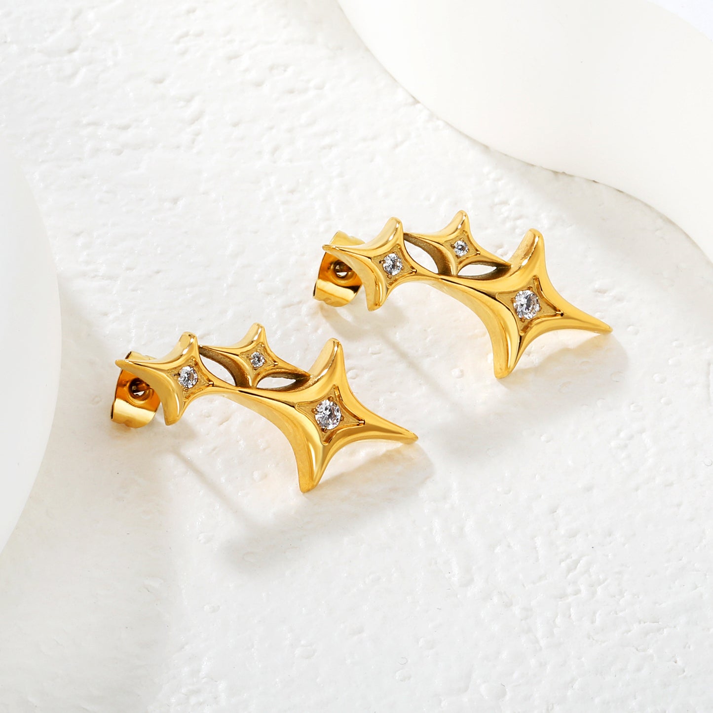 Celestial Star Motif CZ Stud Earrings Stainless Steel Waterproof