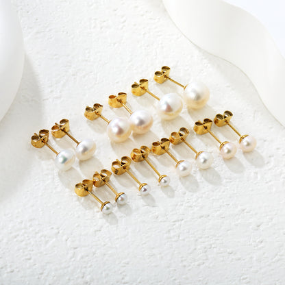 Wholesale Waterproof PVD Gold Square Link Pearl Drop Studs (3mm-9mm)