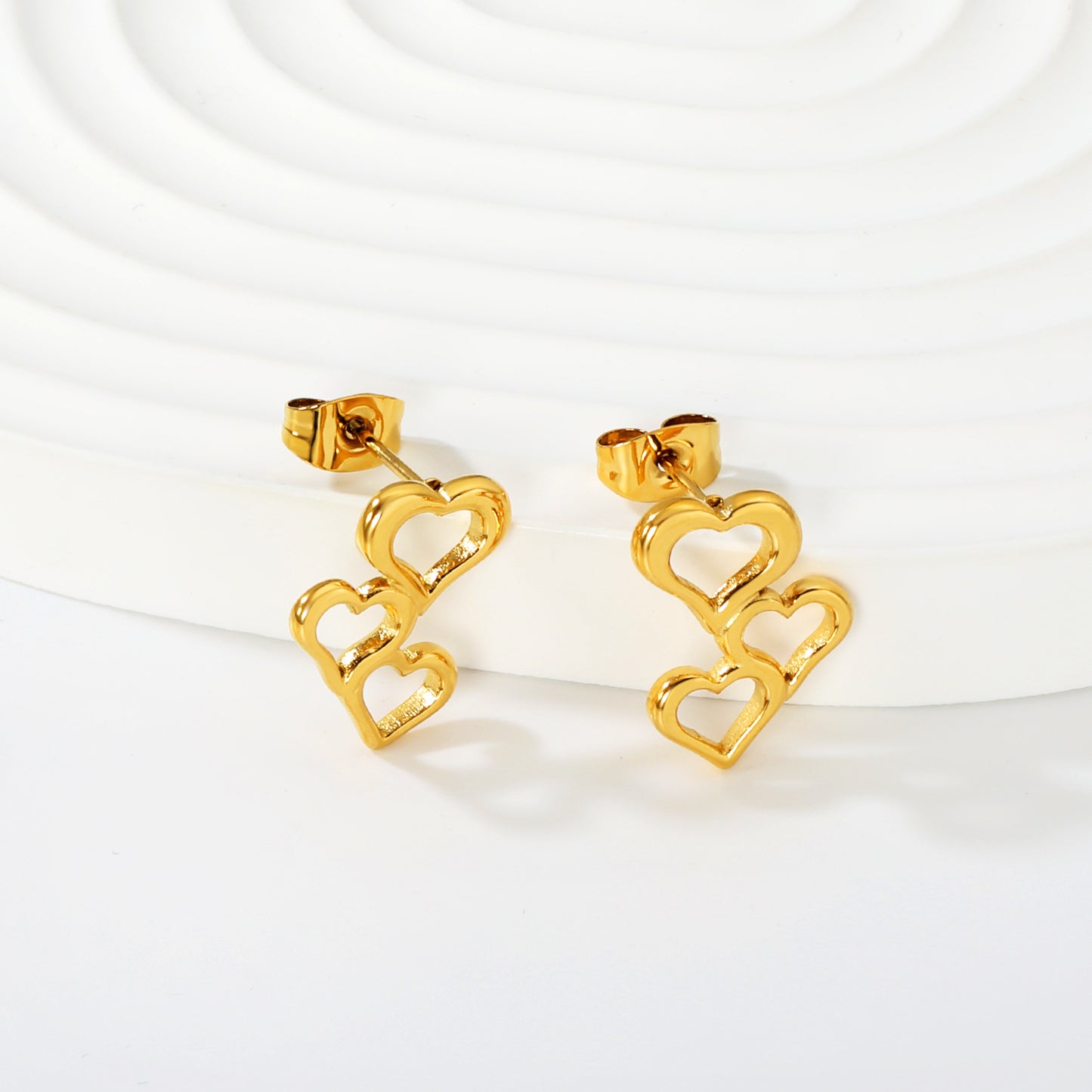 Tiny Triple Heart Stacked Studs Stainless Steel Waterproof