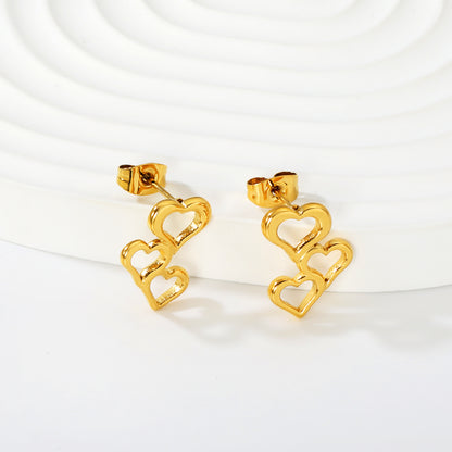 Tiny Triple Heart Stacked Studs Stainless Steel Waterproof
