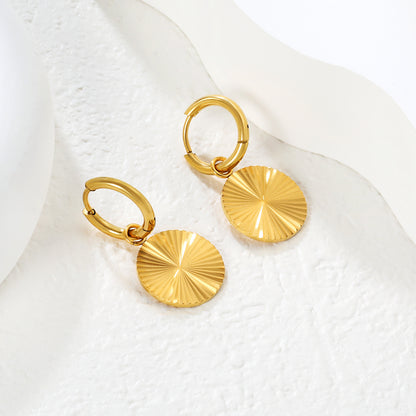 Bulk PVD Gold Sunburst Radial Texture Disk Hoop Earrings
