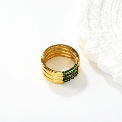 Wholesale Waterproof PVD Gold Multi-Layer Intertwined Green Zircon Ring
