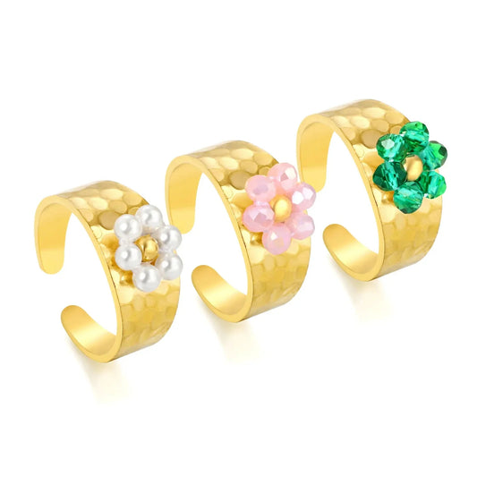 Pearl Crystal Flower Ring Set 304L Stainless Steel Gold Adjustable