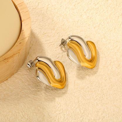 Wholesale Waterproof Two-Tone Sculpted Wave Heart Stud Earrings