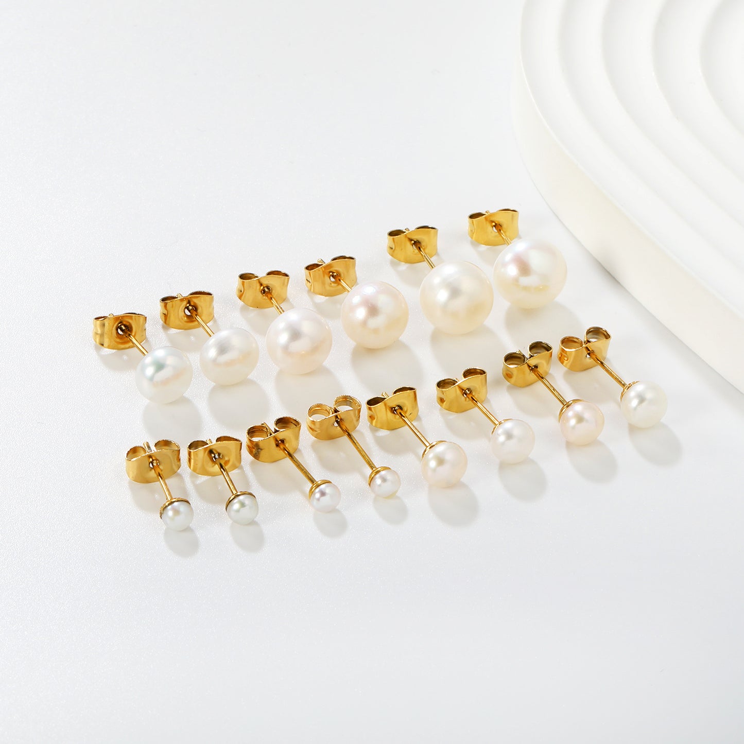 Wholesale Waterproof PVD Gold Square Link Pearl Drop Studs (3mm-9mm)