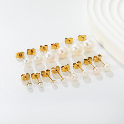 Wholesale Waterproof PVD Gold Square Link Pearl Drop Studs (3mm-9mm)