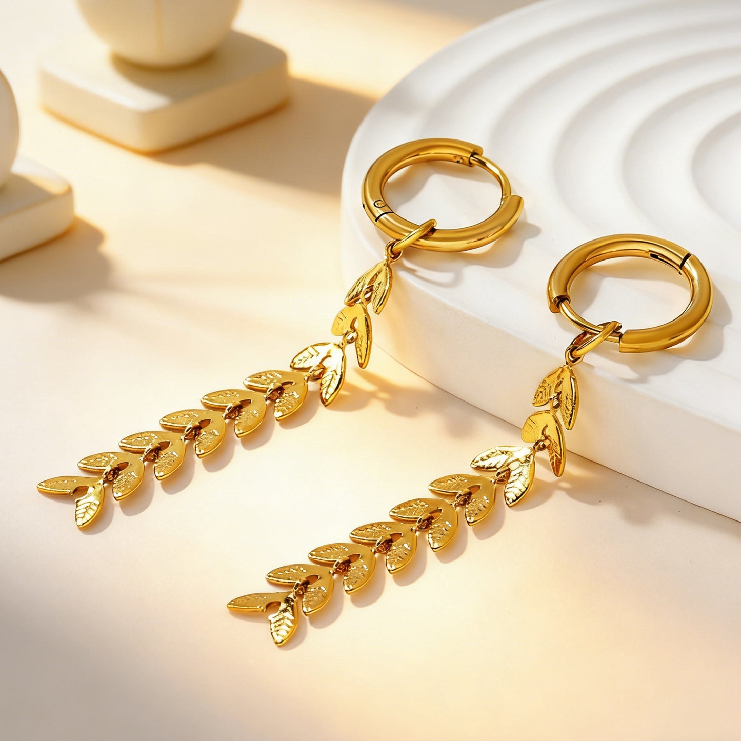 Wholesale Stainless Steel Wheat Earrings | Leaf Texture Hoops Bulk