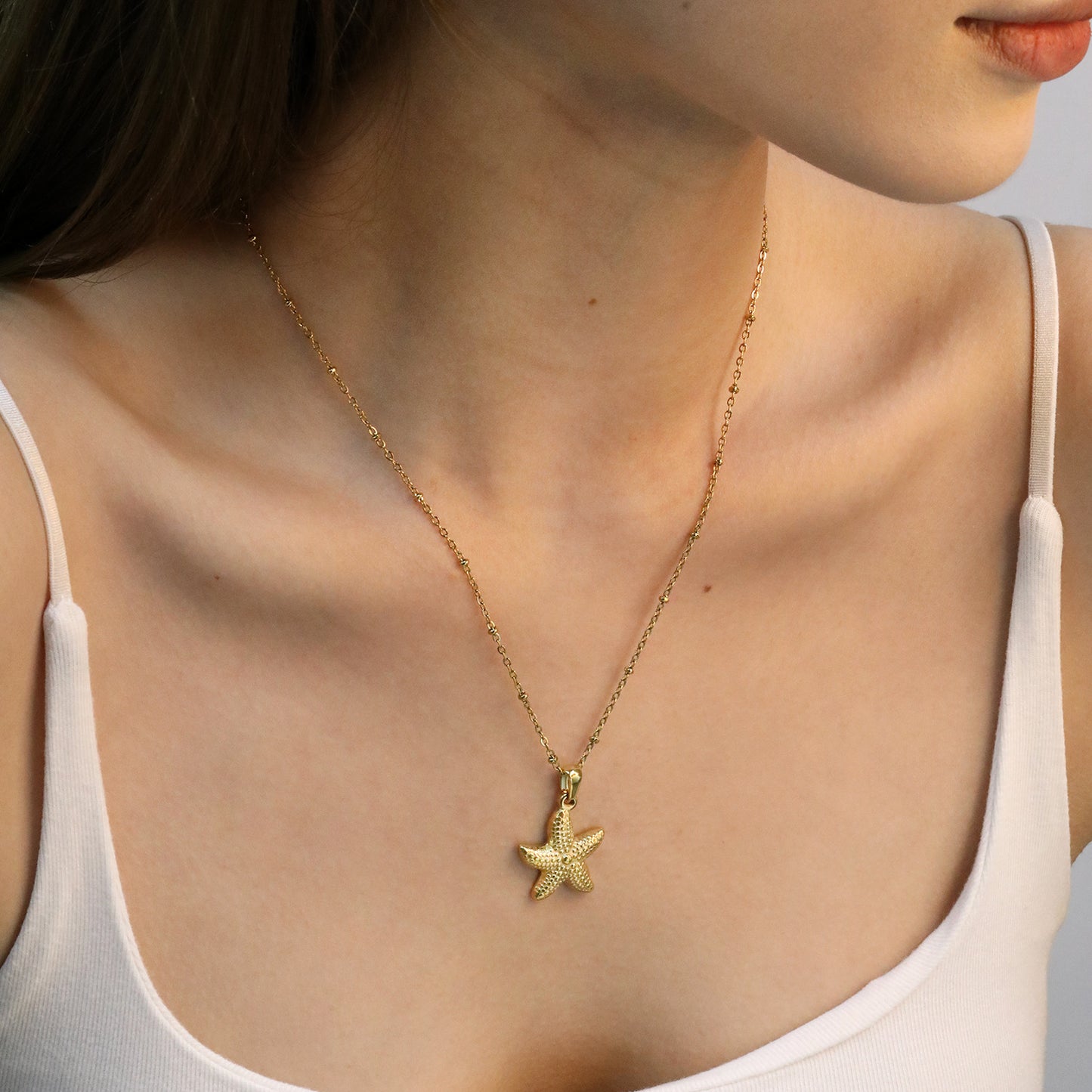 Bulk PVD Gold Sculpted Starfish Texture Bead Chain Necklace