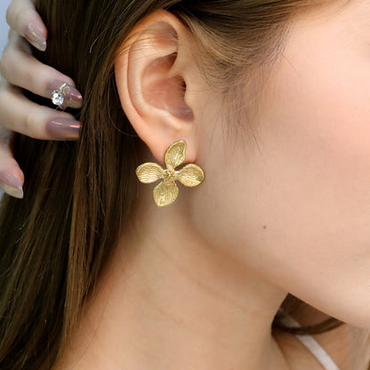 Bulk PVD Gold Relief-Textured Sculpted Botanical Petal Earrings