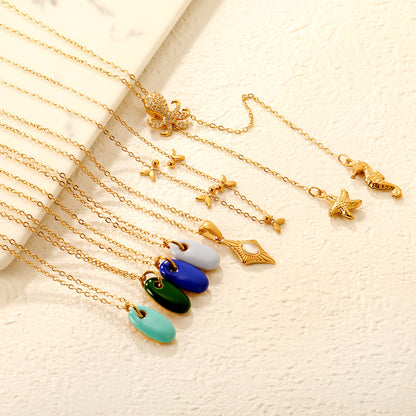 Wholesale Waterproof PVD Gold Sculpted Oval Gemstone Pendant Necklace