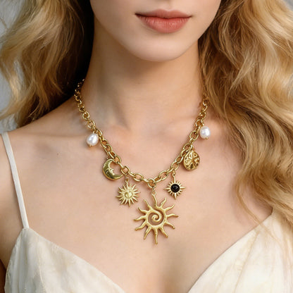 Boho-Chic Cuban Chain with Celestial Charms & Pearls Stainless Steel