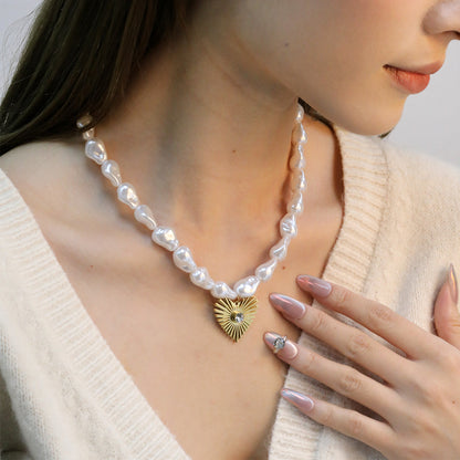 Waterproof 304L Stainless Steel Gold Heart Pearl Necklace