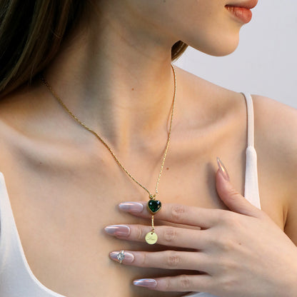 Wholesale Waterproof PVD Gold Green Heart Zircon Adjustable Necklace