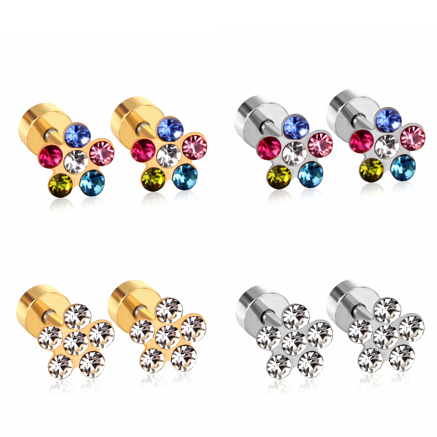 Wholesale Multicolored Gem Adorned Golden Flower Stud Earrings