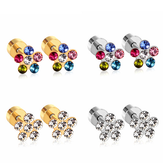 Wholesale Multicolored Gem Adorned Golden Flower Stud Earrings