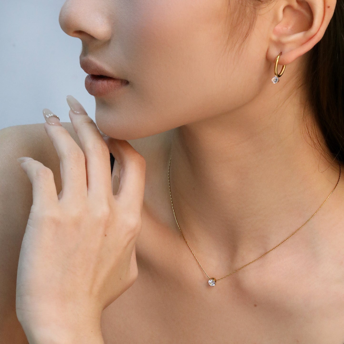 Bulk PVD Gold Solitaire Zircon Necklace & Pave CZ Huggie Set