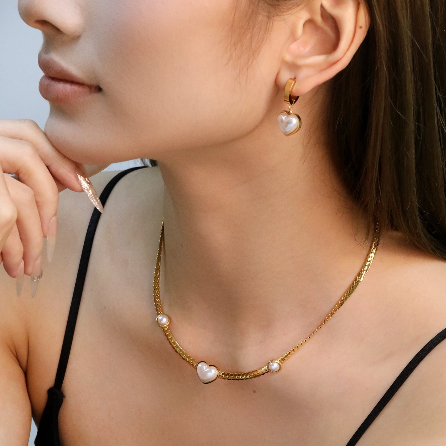 Wholesale Waterproof PVD Gold Heart & Pearl Statement Jewelry Set